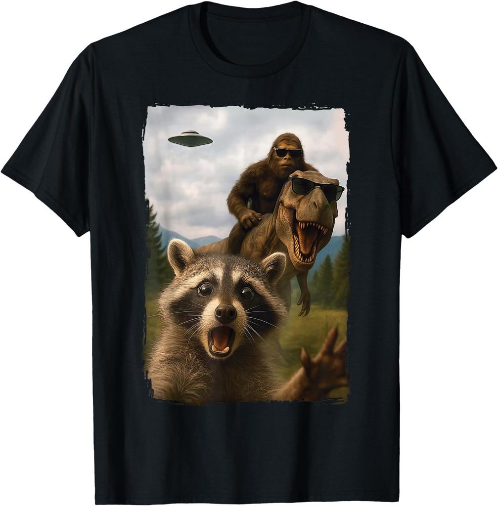 Raccoon Bigfoot T-Rex UFO Selfie T-Shirt