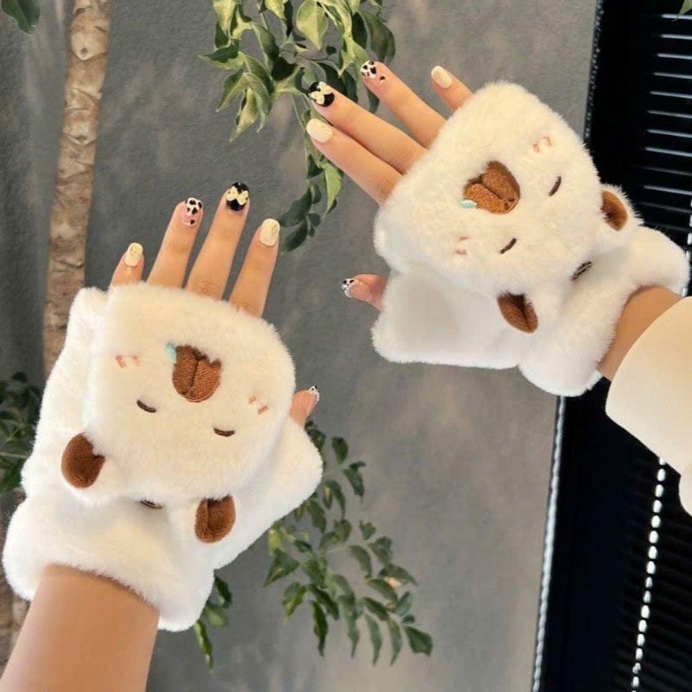 Flip Cover Capybara Gloves  Winter Velvet Gloves Lovely Women Mittens  Outdoor