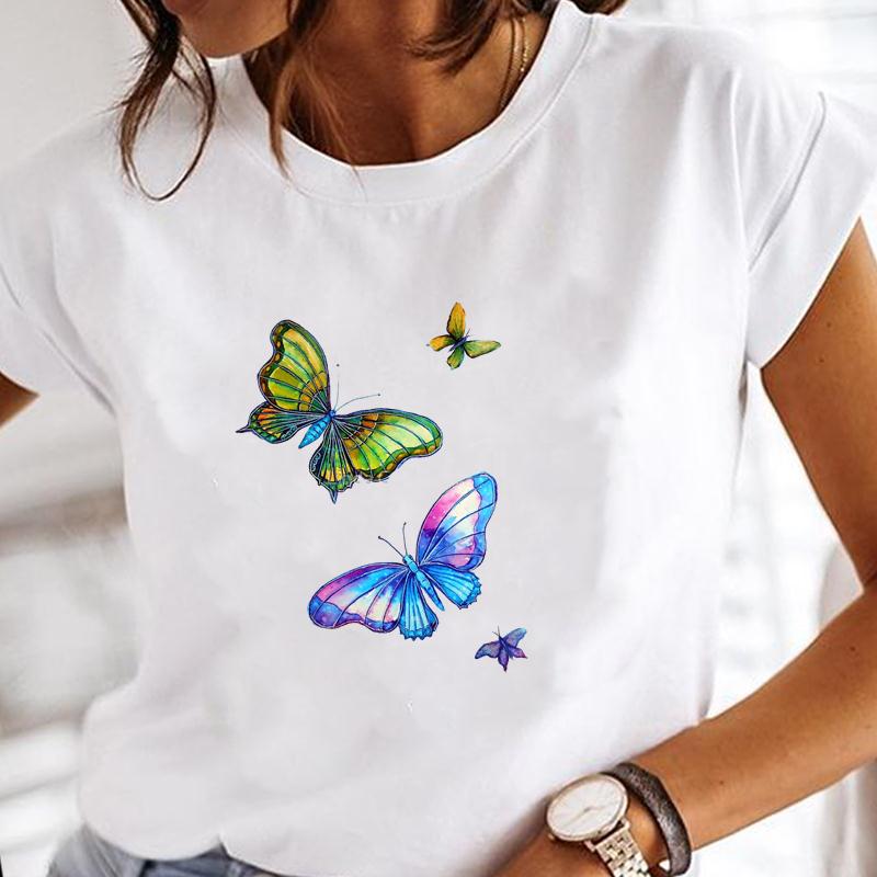 90s Cute Women Short Sleeve Flower Watercolor Trend Print Tee Top Summer Fashion T-shirt Clothing Casual Lady Female Graphic T-shirt
