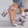 Fashion Women Sandals Summer New Vintage Flower Print Open Toe High Heels Shoes Woman Fashion Casual Buckle Ankle Strap Sandals Women