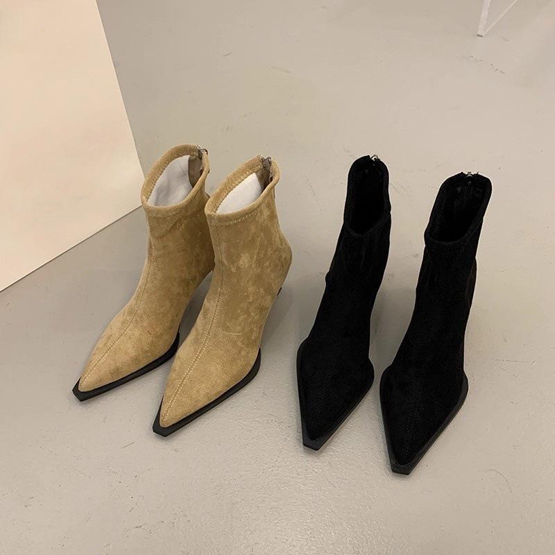 French high-heeled pointed suede khaki short boots women's new autumn and winter boots Korean small naked boots