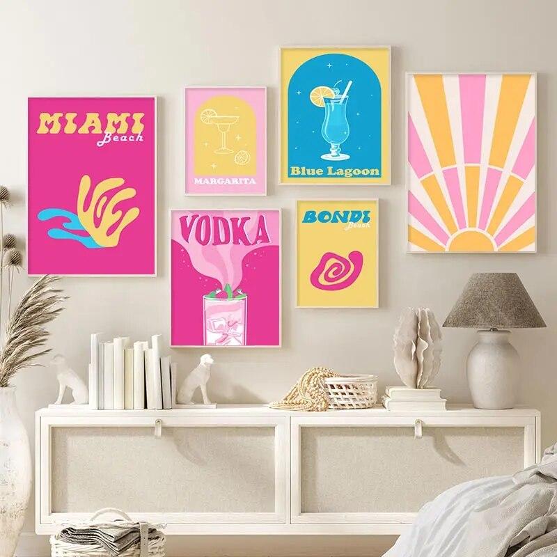 

Cocktail Sunset Gallery Wall Poster Miami Bonay Print Pink Yellow Picture Aesthetic Painting Dorm Teen Room Customizable