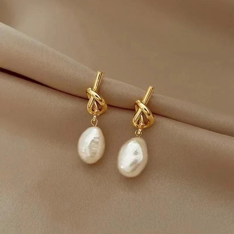 Elegant Gold Bean Spliced Flat Pearl Earrings for Women Jewelry Party Sweet Accessories Gift