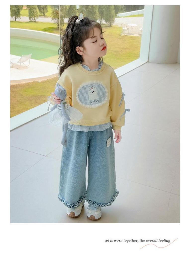 Cartoon-Sweatshirt für Mädchen mit Rundhalsausschnitt - Trendiger koreanischer Stil 2025, Frühling/Herbst, Vielseitiges Freizeit-Oberteil für kleine Mädchen