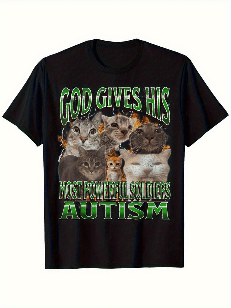 Gott verlieh dem stärksten Soldaten das katzenmotivierte T-Shirt ein einzigartiges schwarzes T-Shirt mit bunten Katzen und Retro-Grün