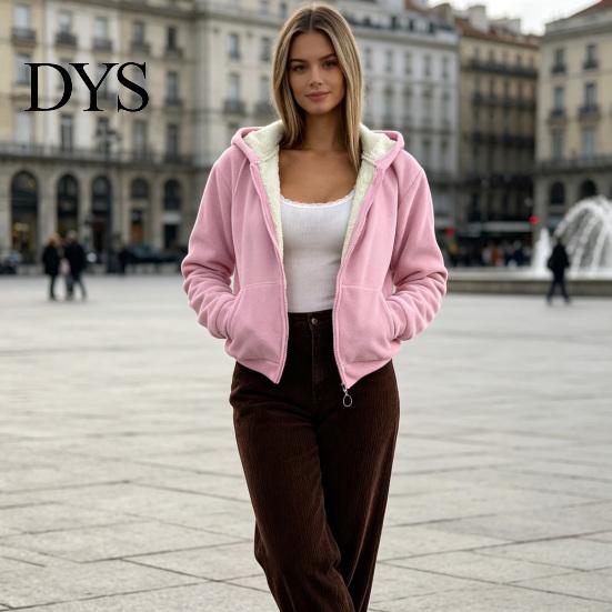 Casual Hooded Coat Women Fleece Jacket with Pockets, Fall Winter Zip-Up Pockets Coat, Loose Fit Warm Thickened Outerwear for Lady