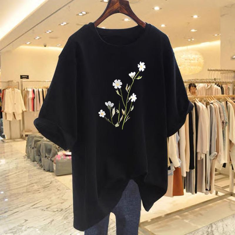 Cotton white short-sleeved t-shirt women's summer new flower print crew neck loose top bottoming shirt