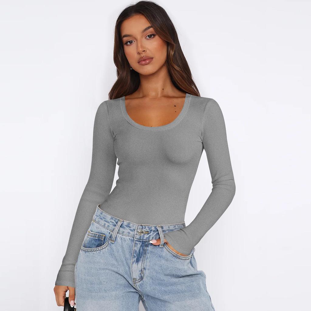 Solid Color Threaded U Neck Bottom Shirt Y2K Clothes Women's Long Sleeves Slim Shirt Women Positive Shoulder Tops