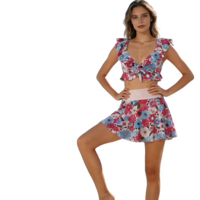 Swimsuit split ruffle edge skirt floral three-piece swimsuit
