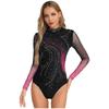 Womens Figure Skating Leotard Rhinestone Long Sleeve Hollow Out Design Ballet Gymnastic Training Bodysuit