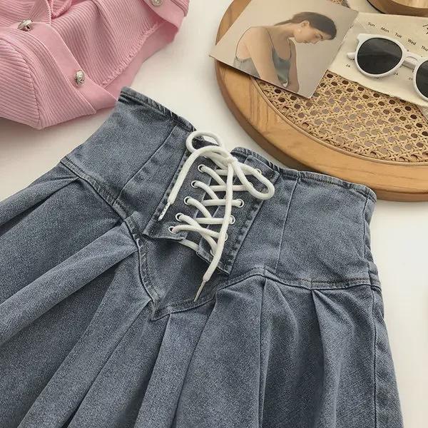 2024 Summer Slim A-Line Denim Pleated Skirt for Students