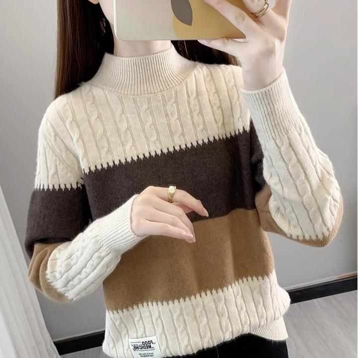 Women's Half Turtleneck Sweater Fall Winter Loose Knit Sweater Top Pullover Knit Jumper Color-blocked Plaid Knitwear