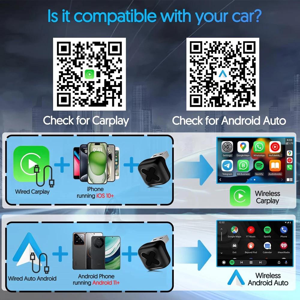 5.8Ghz 2 IN 1 Wired to Wireless CarPlay Android Auto Adapter Smart Mini Box Plug & Play For VW Toyota Nissan Honda Ford Benz