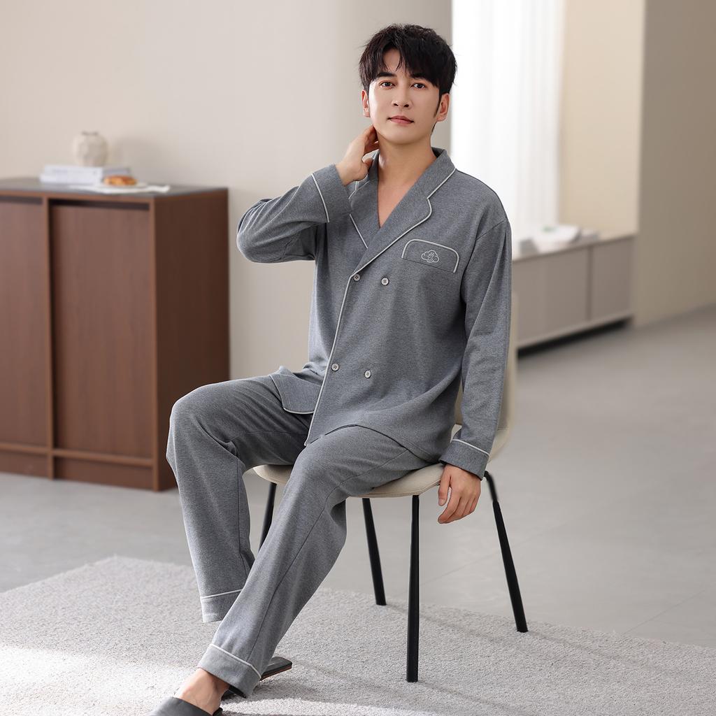 Pure Cotton Pajamas Men'S Spring And Autumn Long-Sleeved Trousers Cardigan Loose And Wearable Loungewear Suit