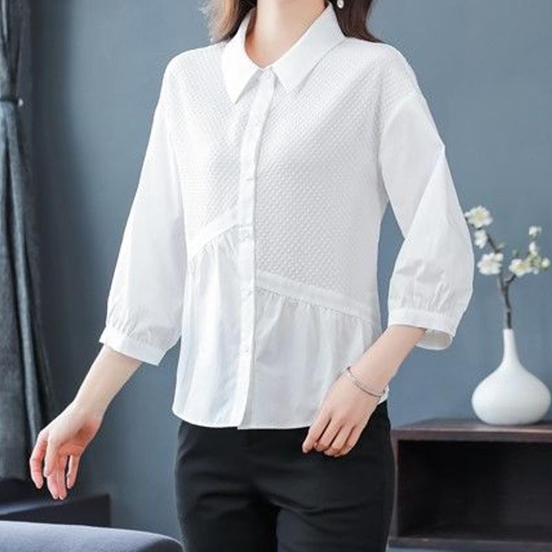 Three Quarter Sleeve Solid Turn-down Collar Simplicity Button Loose Blouses Office Lady Women's Clothing Elegant Fashion Casual