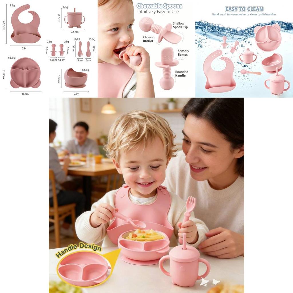 Baby Silicone Feeding Set With Suction Bowl And Learning Utensils For Toddler Nutrition