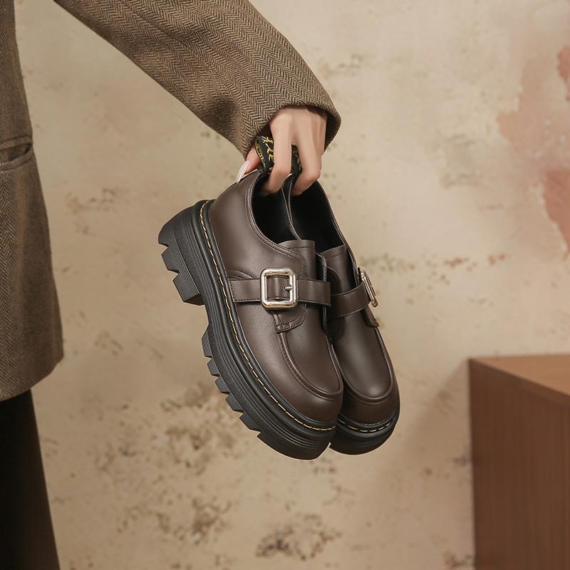 Autumn and Winter Platform One-word Buckle with Retro Small Leather Shoes College Style Single Shoes