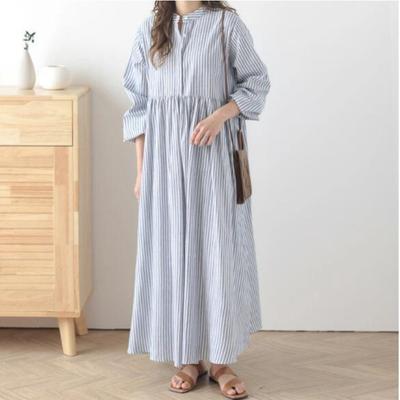 Vestido Listrado Xadrez Manga Comprida Pequeno Fresco Abotoamento Simples Solto Acima do Joelho