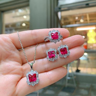 Red Corundum Square Jewelry Set, Ruby Ring For Women, Imitation Jewelry.