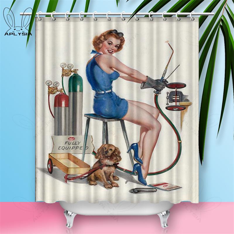 Custom Sexy Girl Hot Breast Shower Curtains European Retro Woman Skirt Dress Daily Waterproof Polyester Fabric Bathroom Curtain