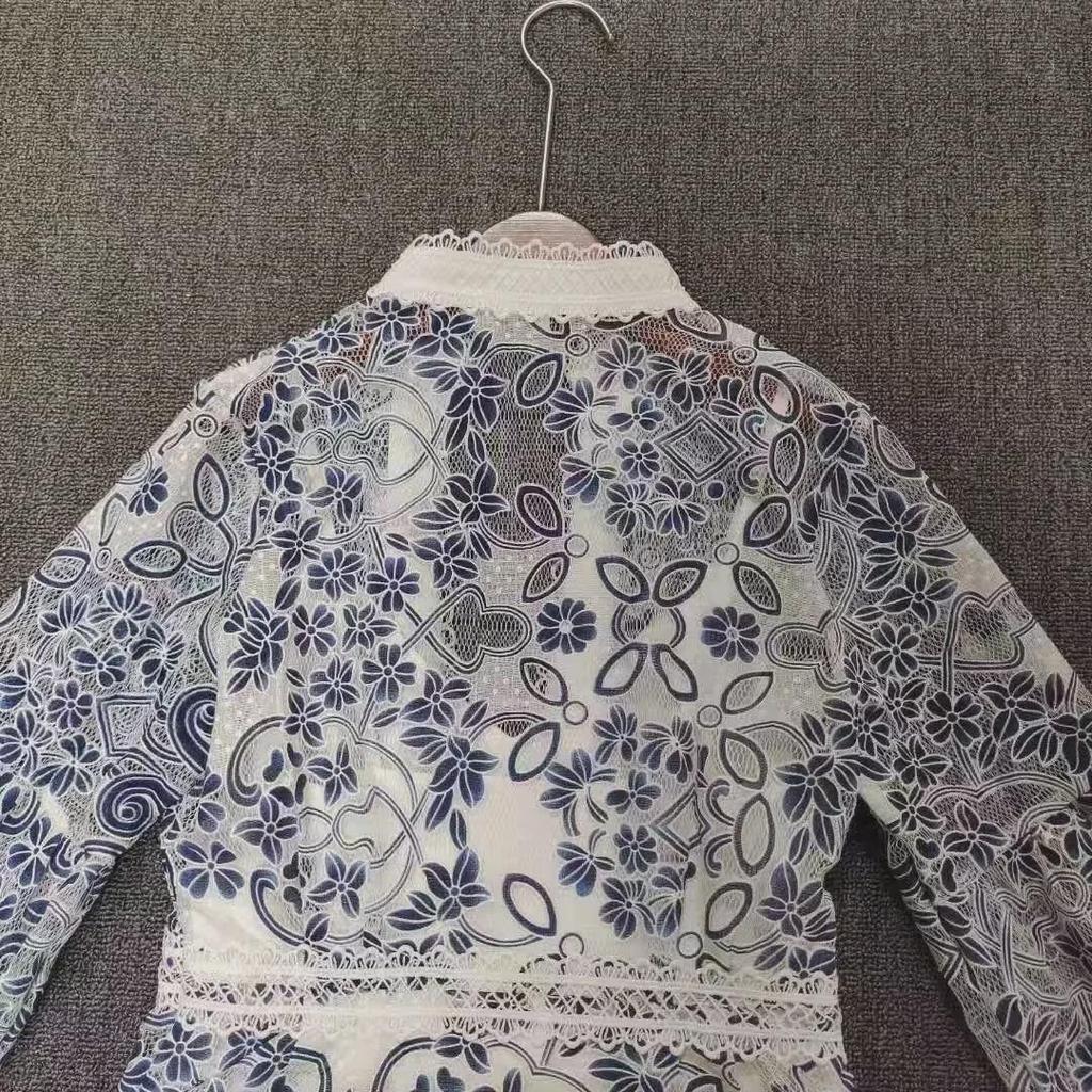 Autumn 2023 Embroidered U-Neck Lace Lantern Sleeve Dress for Women