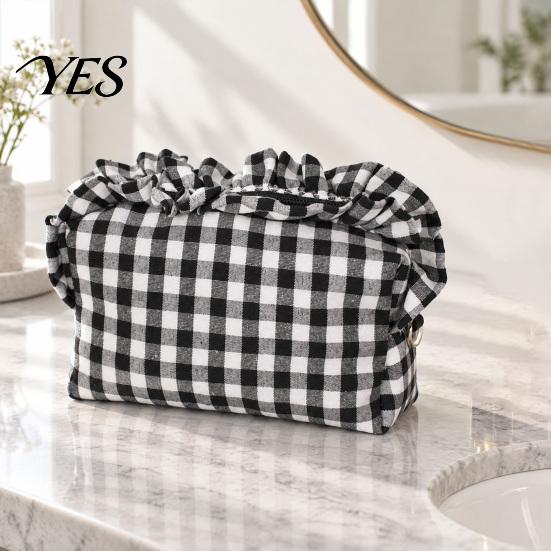 Makeup Organizer Bag Small Ruffled Grids Pouch, Portable Travel Cosmetic Bag, Fashionable Storage Case Lightweight Zippered Pouch for Toiletries