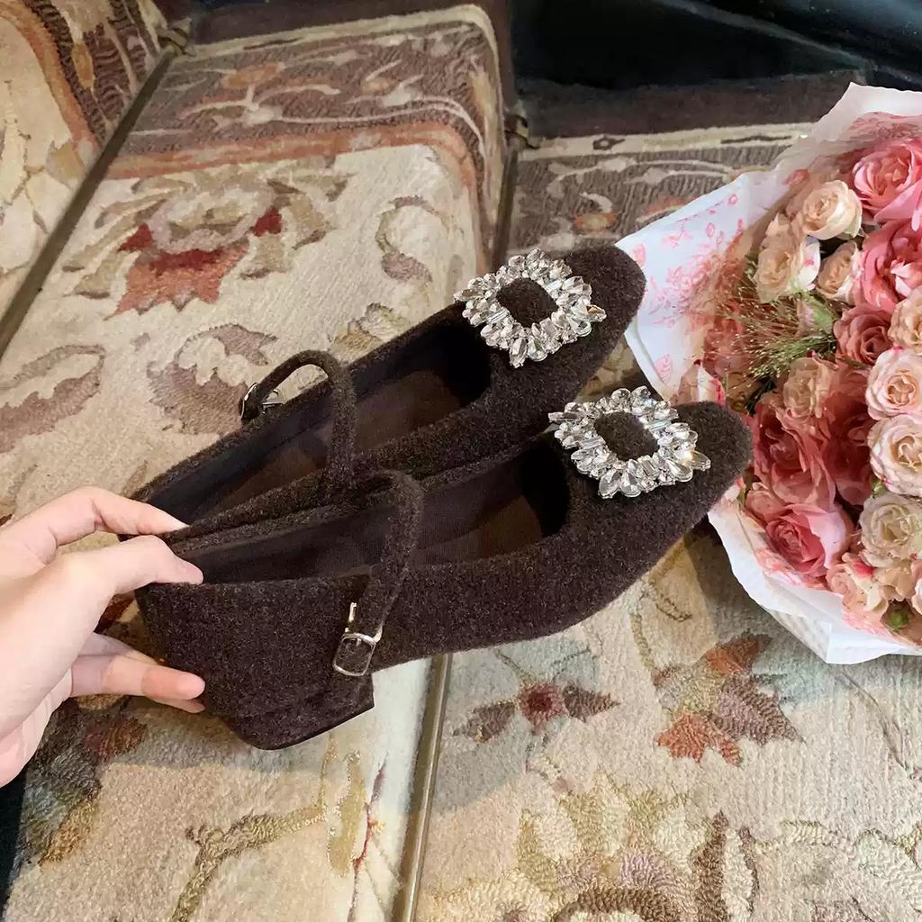 Grape Mother of the Same Style~ Diamond Buckle Small Square Head Velvet with Warm Woolen Thick Heel Mary Jane Single Shoes Women