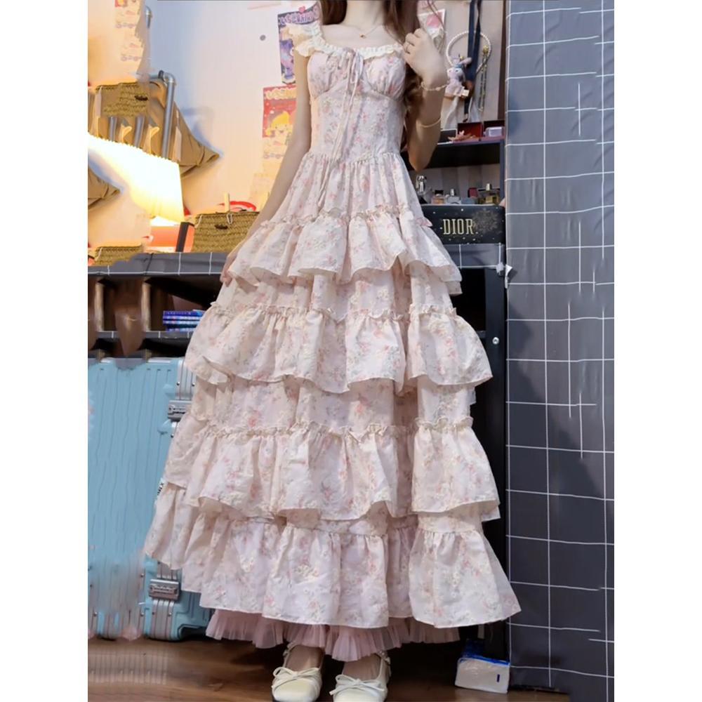 Xiaofei Sleeve Suspender Dress Women's Big Skirt Waist Seaside Holiday Super Fairy Princess Medium and Long Fluffy Cake Dress