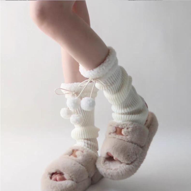 Cute Leg Cover Autumn and Winter Lamb Wool Pom-pom Warm Hairball Socks Cover J Retro Stacking Socks Children