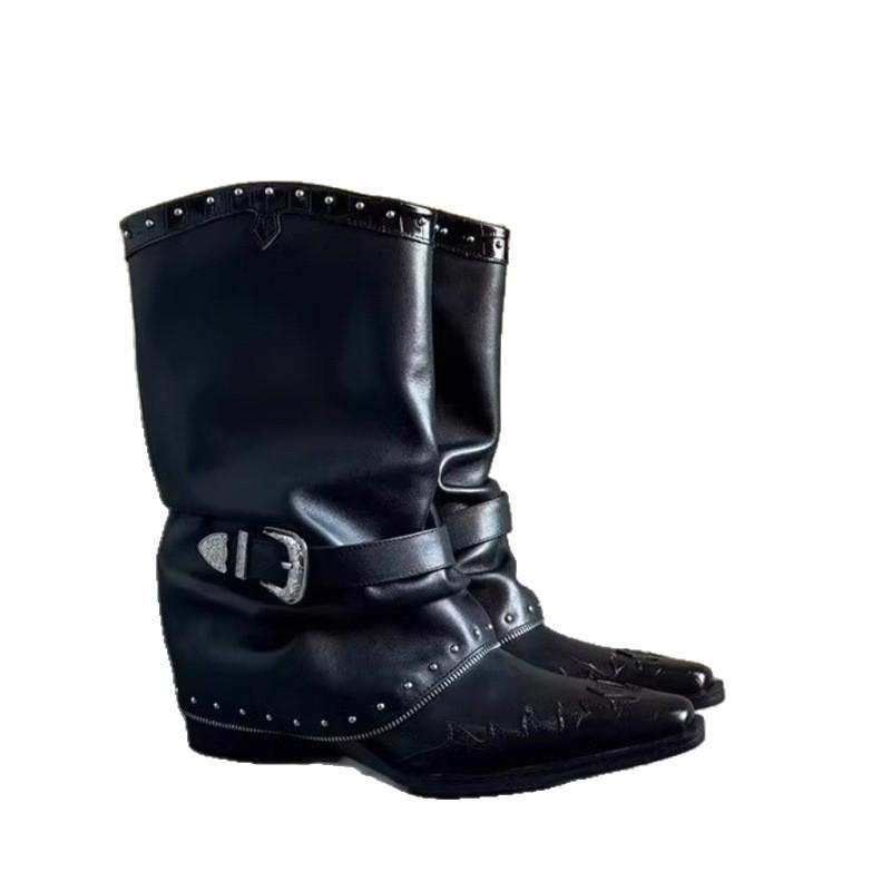 Rindslederversion~ Retro Niet Martin Stiefel spitz mittelhochschaft Hosenstiefel Damen Fried Street dicker Absatz vielseitige Mode Ritterstiefel