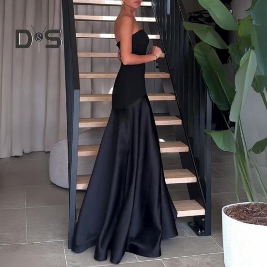 Women's Strapless Tube Top Maxi Dress Off Shoulder Patchwork Evening Dress Satin Bodycon Long Dress for Cocktail Party Wedding