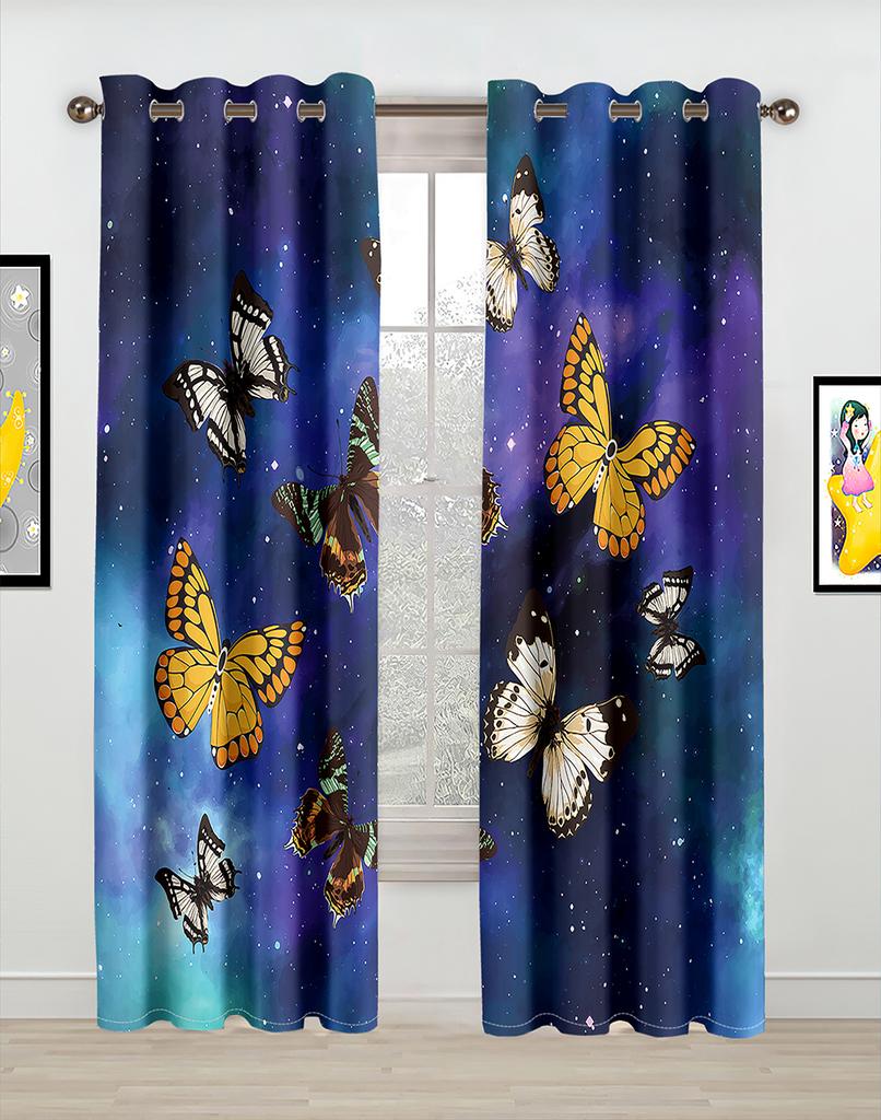 Modern Colorful Design Blue Butterfly Flower 2 Pieces Thin Shading Window Drape Curtains for Living Room Bedroom Home Decor Hook