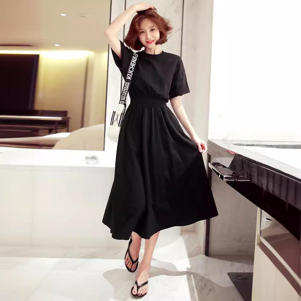 Korean version short-sleeved dress women's new summer big skirt loose and thin waist high waist round neck long dress