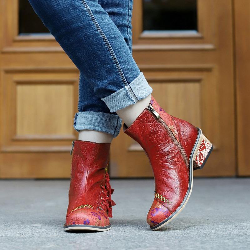 Autumn and winter new hand-rubbed genuine patchwork printed strap women's booties
