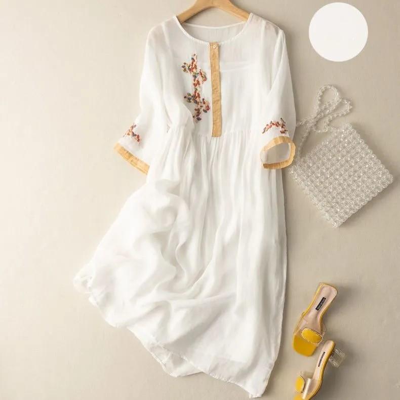 

Женское весенне-летнее платье средней длины с вышивкой в литературном этническом стиле, свободные платья со средним рукавом M белый