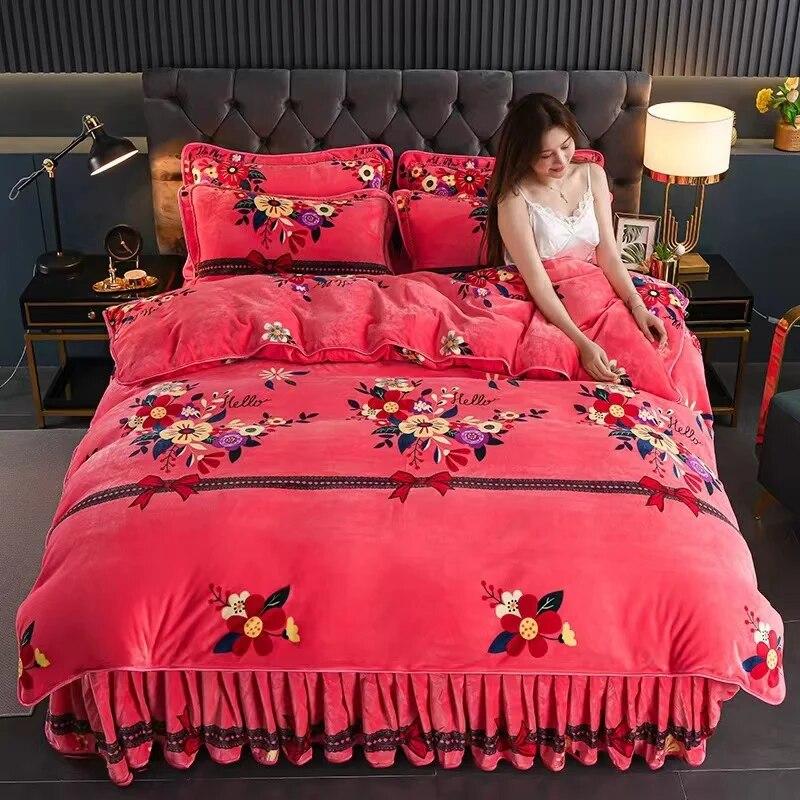 4pcs Bedding Set Fine Velvet Duvet Cover King Queen Size Thicken Quick Warm Coral Fleece Quilt Cover Bed Sheet Pillowcase