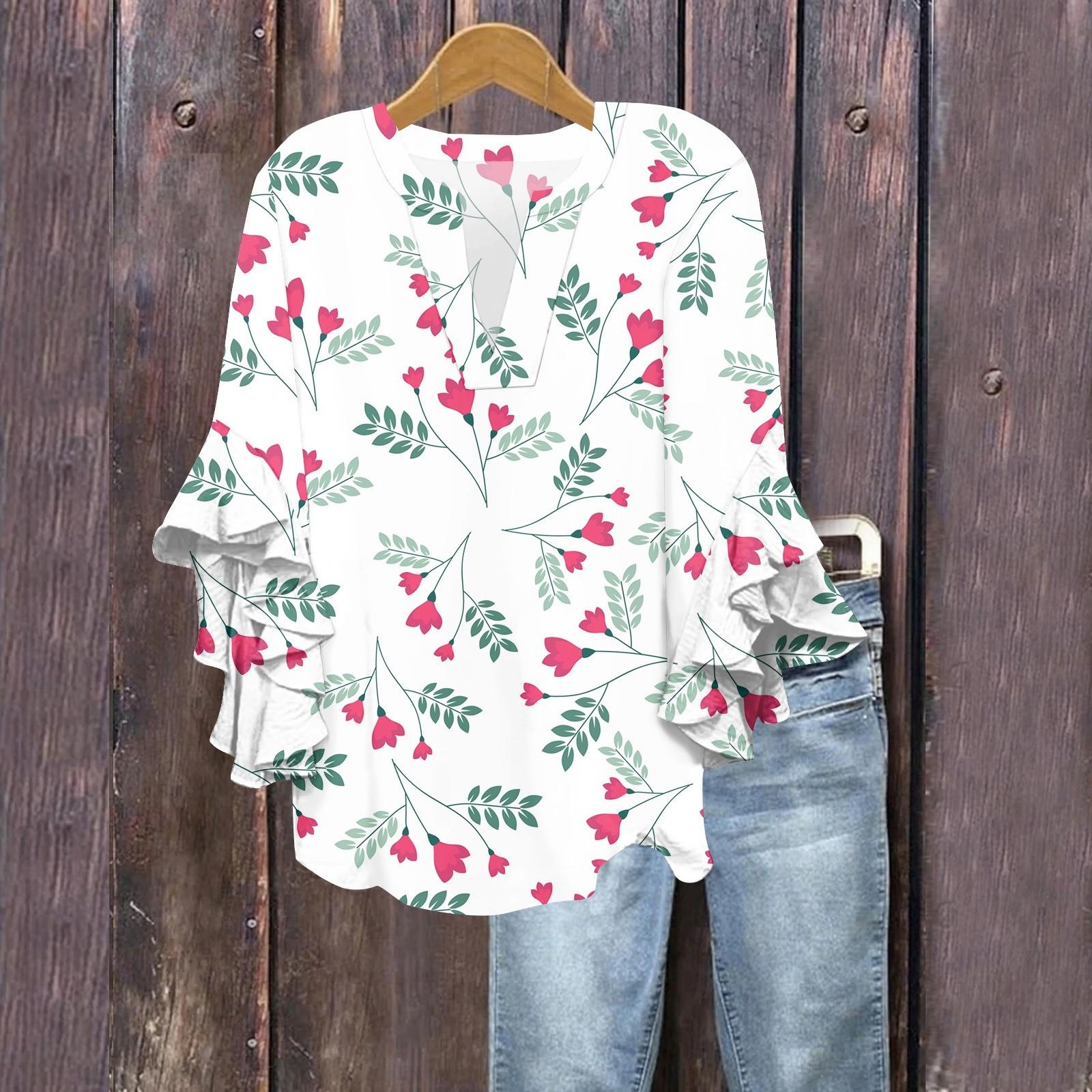 

Летние топы для женщин, симпатичные блузки с V-образным вырезом и рукавом 3/4, повседневные рубашки с цветочным принтом S