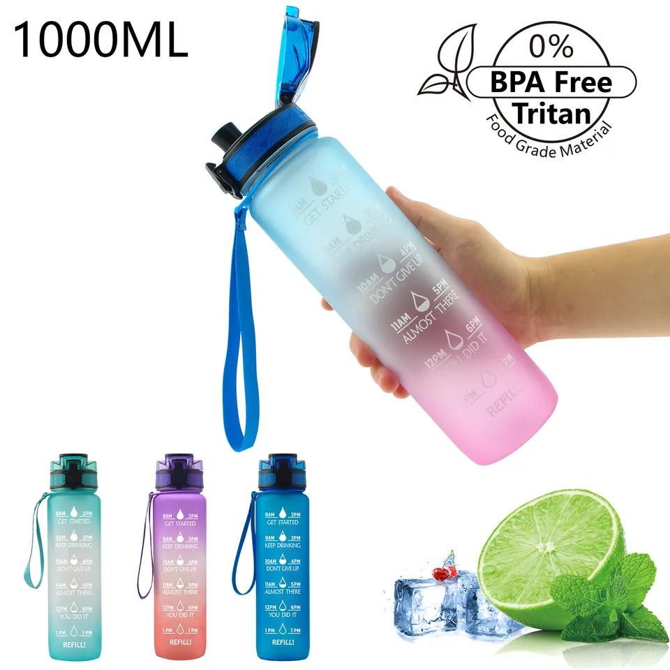 Tritan Frosted 1000ml Plastic Water Bottle with Time & Capacity Scale, Portable Handle