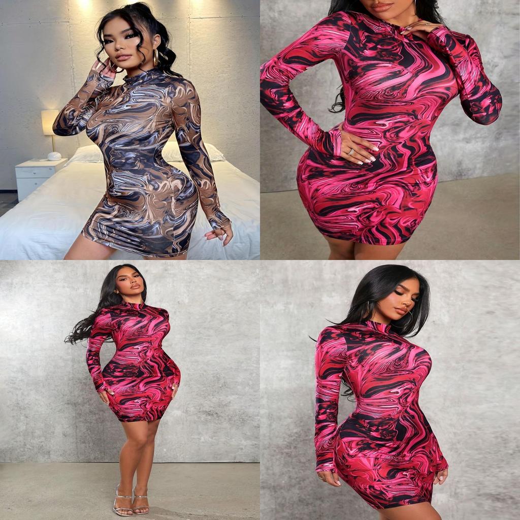 Streetwear Tropical Print Mini Bodycon Dress With Long Sleeves For Autumn 2024