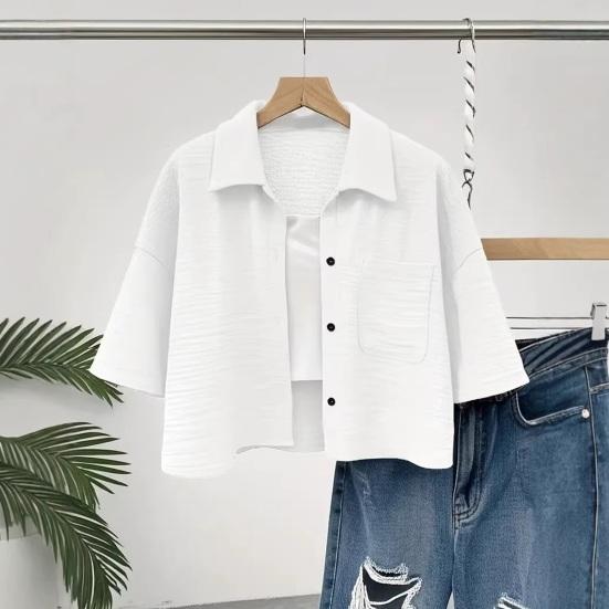 Camicia da Donna con Collo a Revers Manica Corta Top Corti Tipo Monopetto Casual con Tasca a Toppa