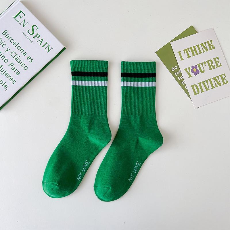 Female Spring and Autumn Letter Stripe Embroidered Green Street Sports Academy Wind Tube Socks