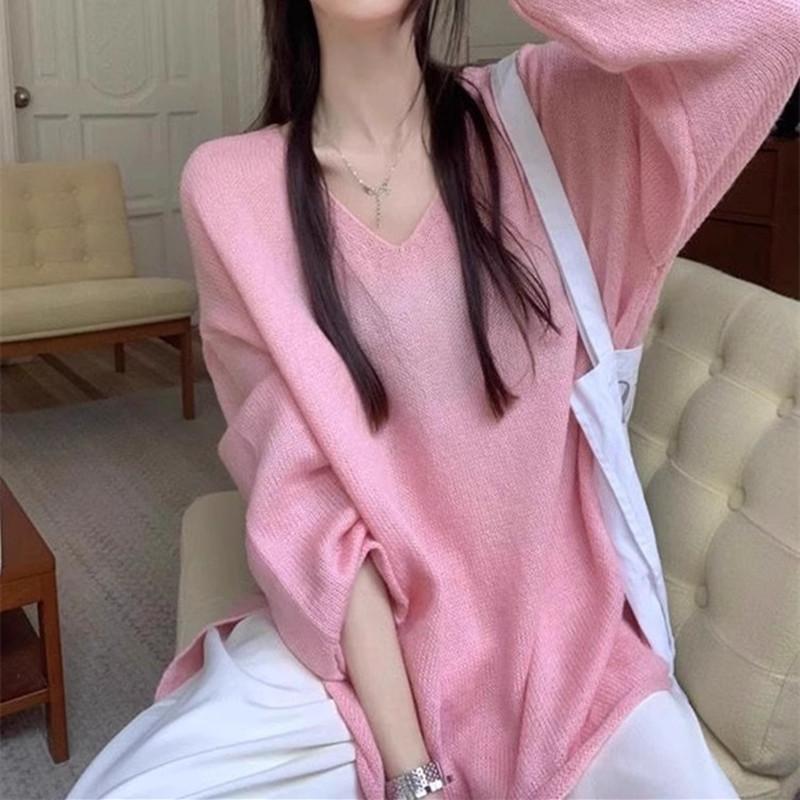 Early Autumn New Loose Lazy Style V-neck Roll Edge Split Fork Fashion Pullover Sweater Women Wear All-match