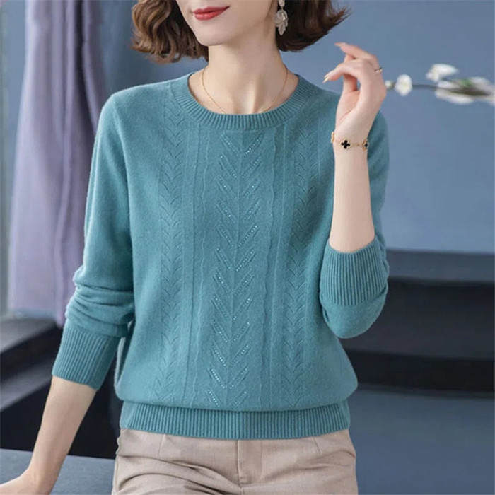 Women Spring Autumn Long Sleeve Knitwear Tops Middle-aged Mother Sweater O-neck Diamond Pullovers