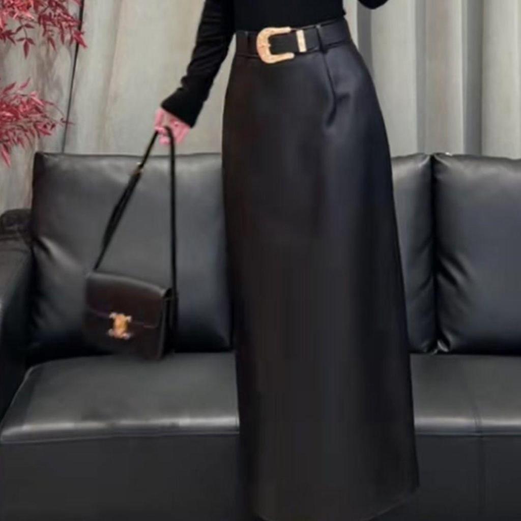 2025 Women's Elegant High-Waisted Black Leather Skirt - Versatile Luxury Winter Fashion