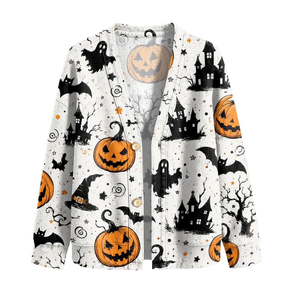 Women's Casual Long Sleeve Jacket with Halloween Print for Fall Parties and Daily Wear