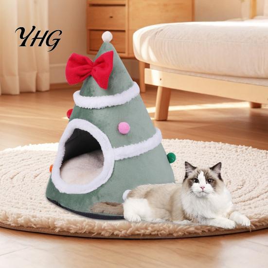 Soft Cat Cave for Winter Christmas Tree Bed, Plush Bed with Removable Cushion, Non-slip Warm Enclosed House Bottom, Cozy Pet Indoor Cats Kittens