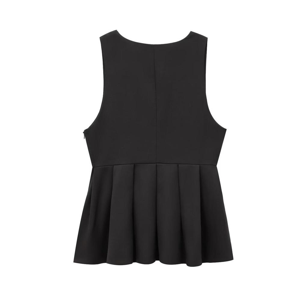 2024 Autumn/Winter Women's Wavy Hem Midi Skirt with Deep V-Neck Cinched Waist Sleeveless Top