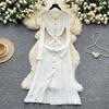Autumn Winter Women Elegant Polo Collar Knitted Sweater Metal Button Long Maxi Split Pullover Dresses