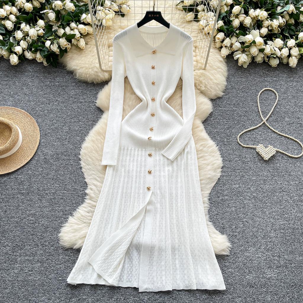 Autumn Winter Women Elegant Polo Collar Knitted Sweater Metal Button Long Maxi Split Pullover Dresses
