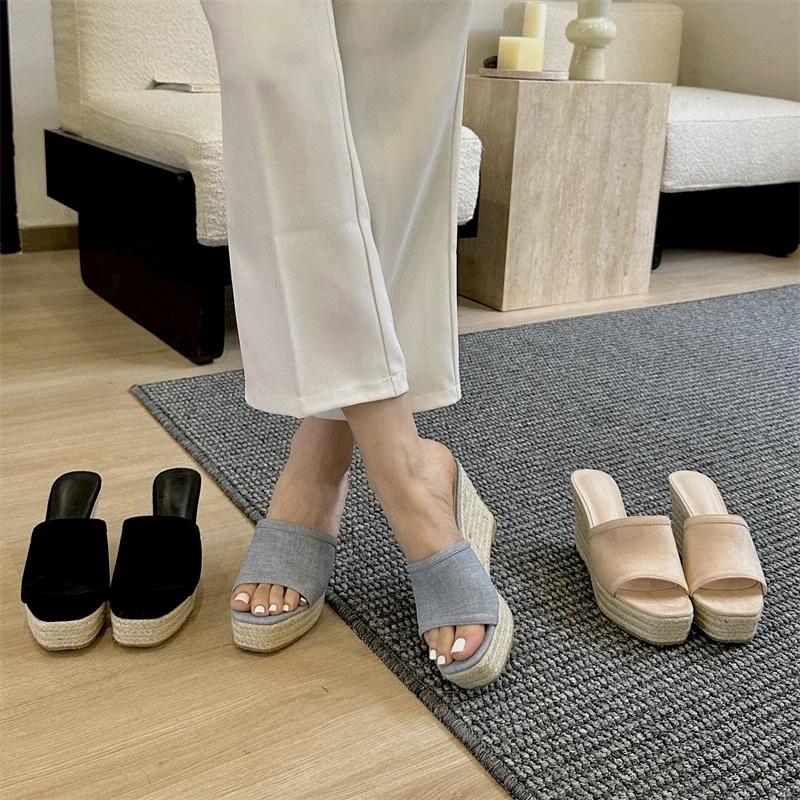 Fashion Summer Women Open Toe Slippers Hot Selling Women's Shoes  Fashion Solid Platform Wedges Rattan Weave High Heels Concise Shoes